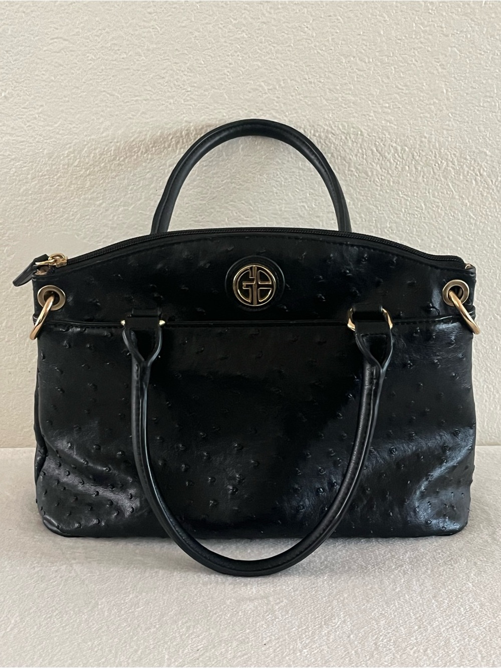 Giani Bernini Black Faux Ostrich Tote Bag with Gold Logo